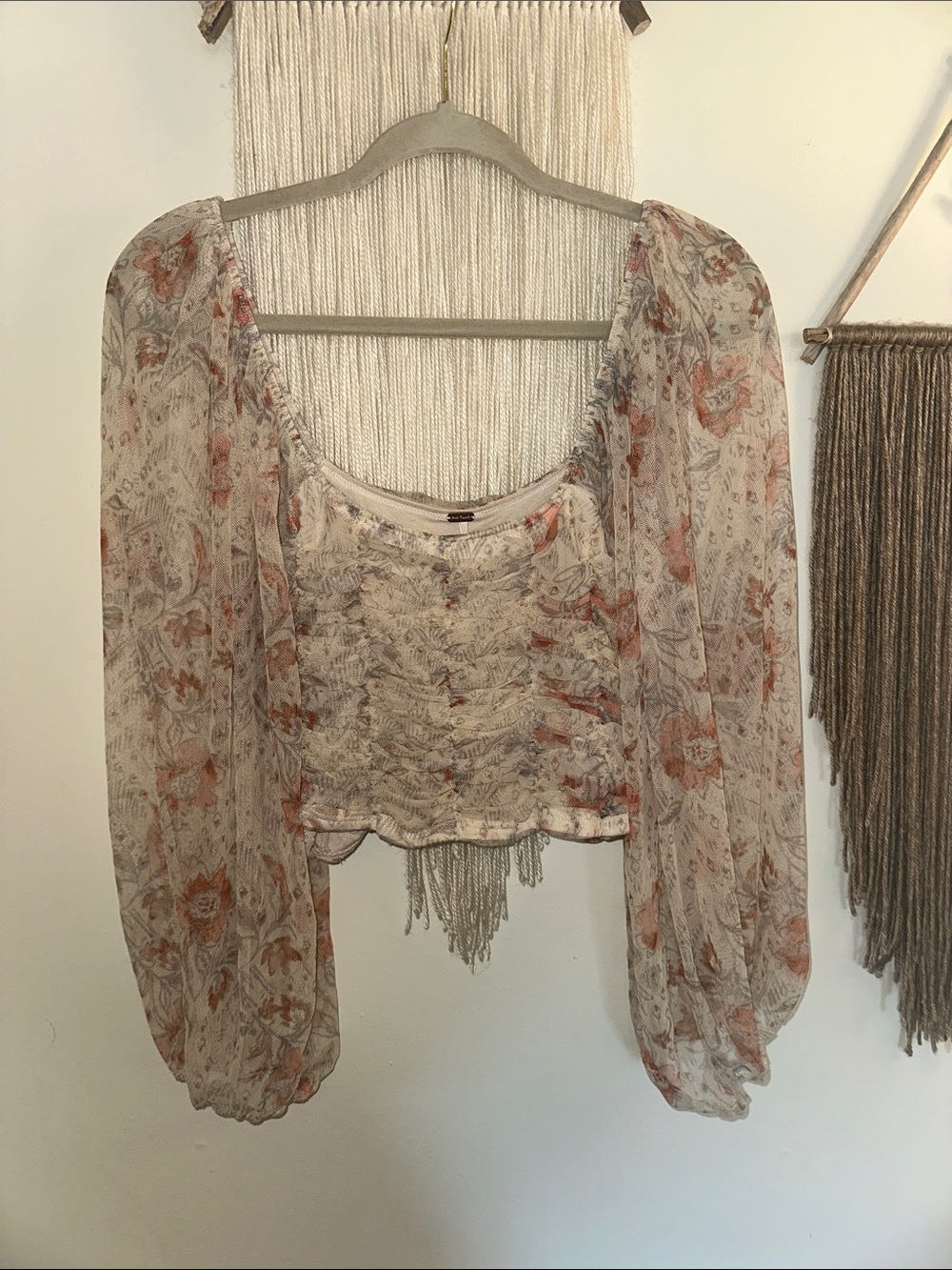 Free People Sheer Floral Ruched Crop Top - Beige & Pink